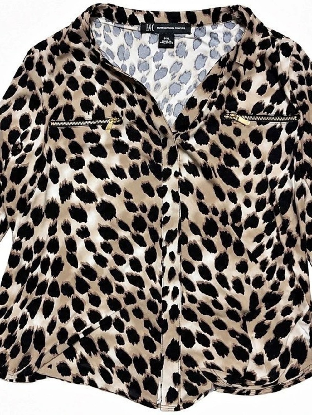 INC International Concepts Leopard Print Zip Front Blouse Size Medium Like New